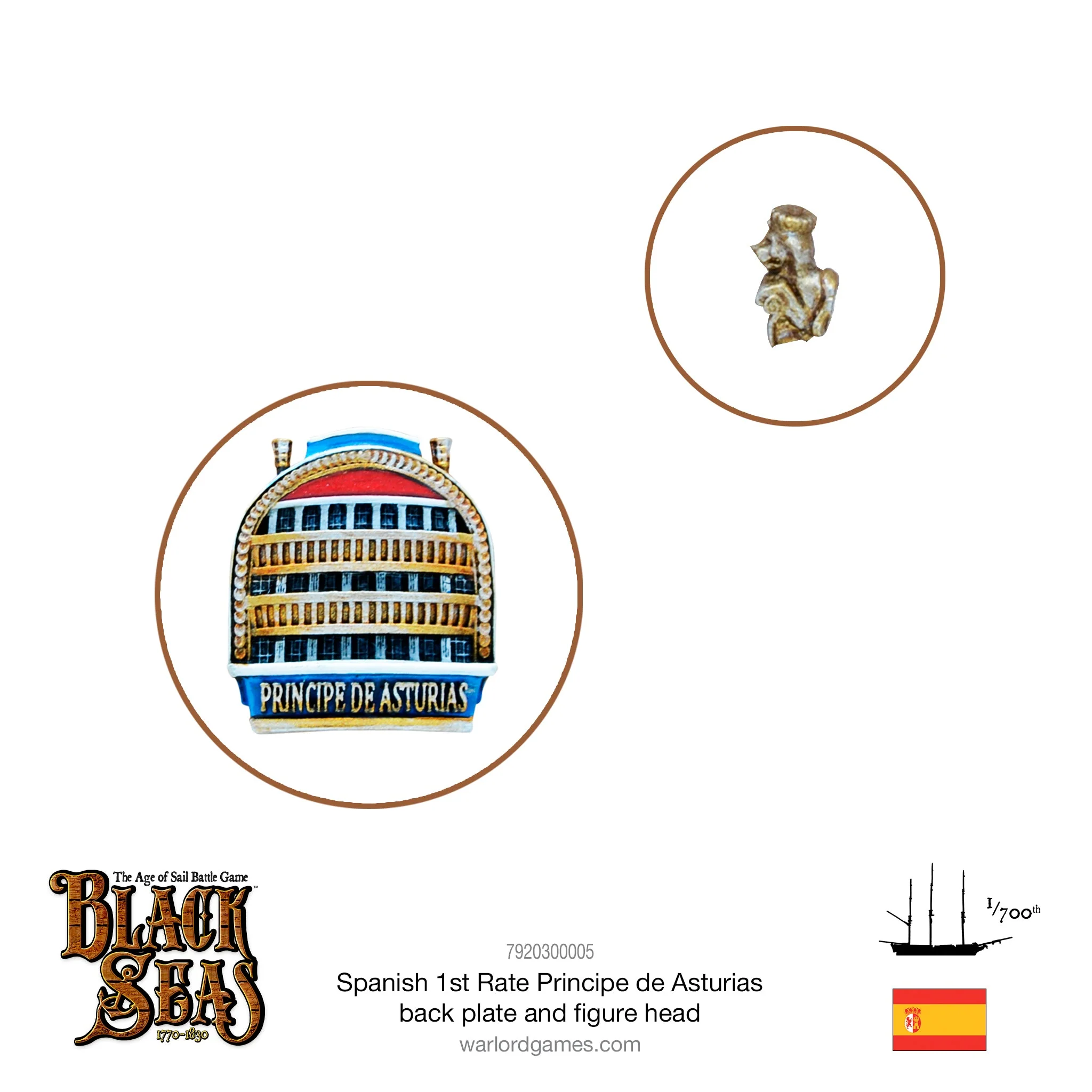 Spanish 1st rate Principe de Asturias back plate and figure head
